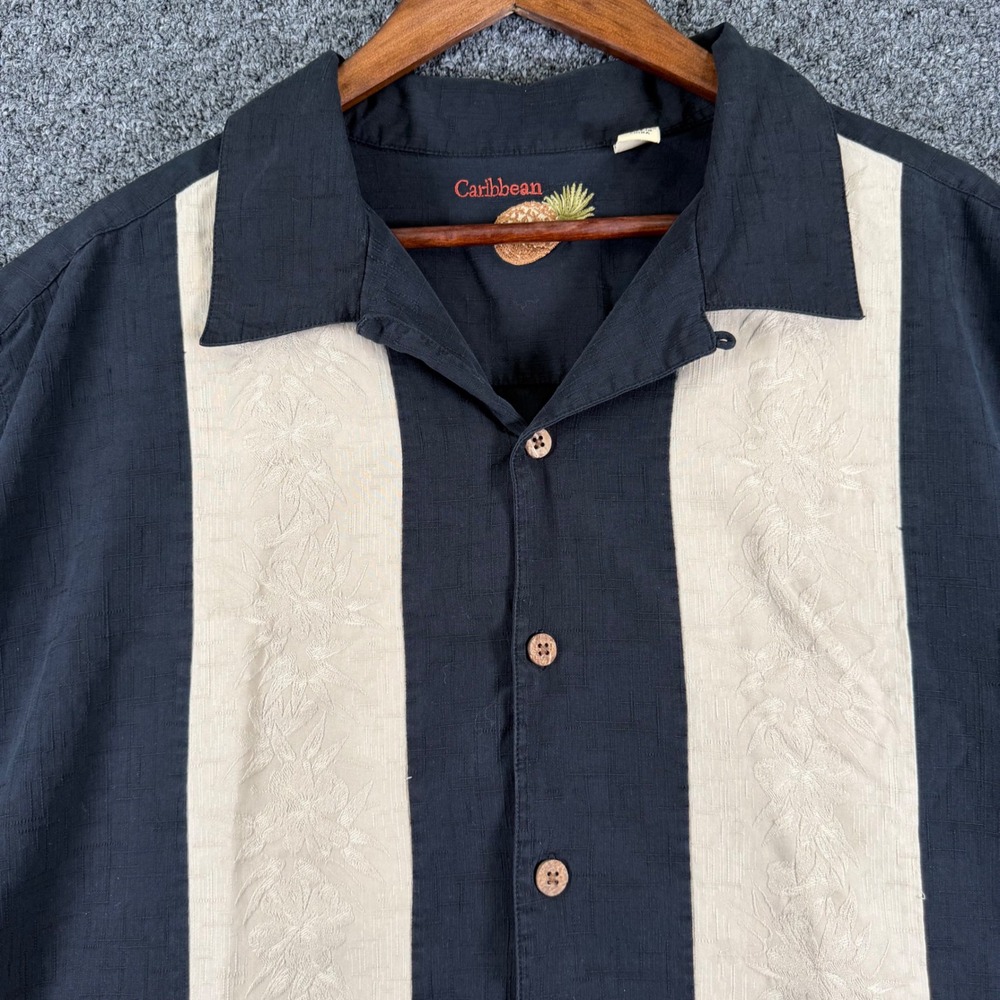 Caribbean Mens 3X Silk Cotton Embroidered Panel Bowling Shirt Black Cream